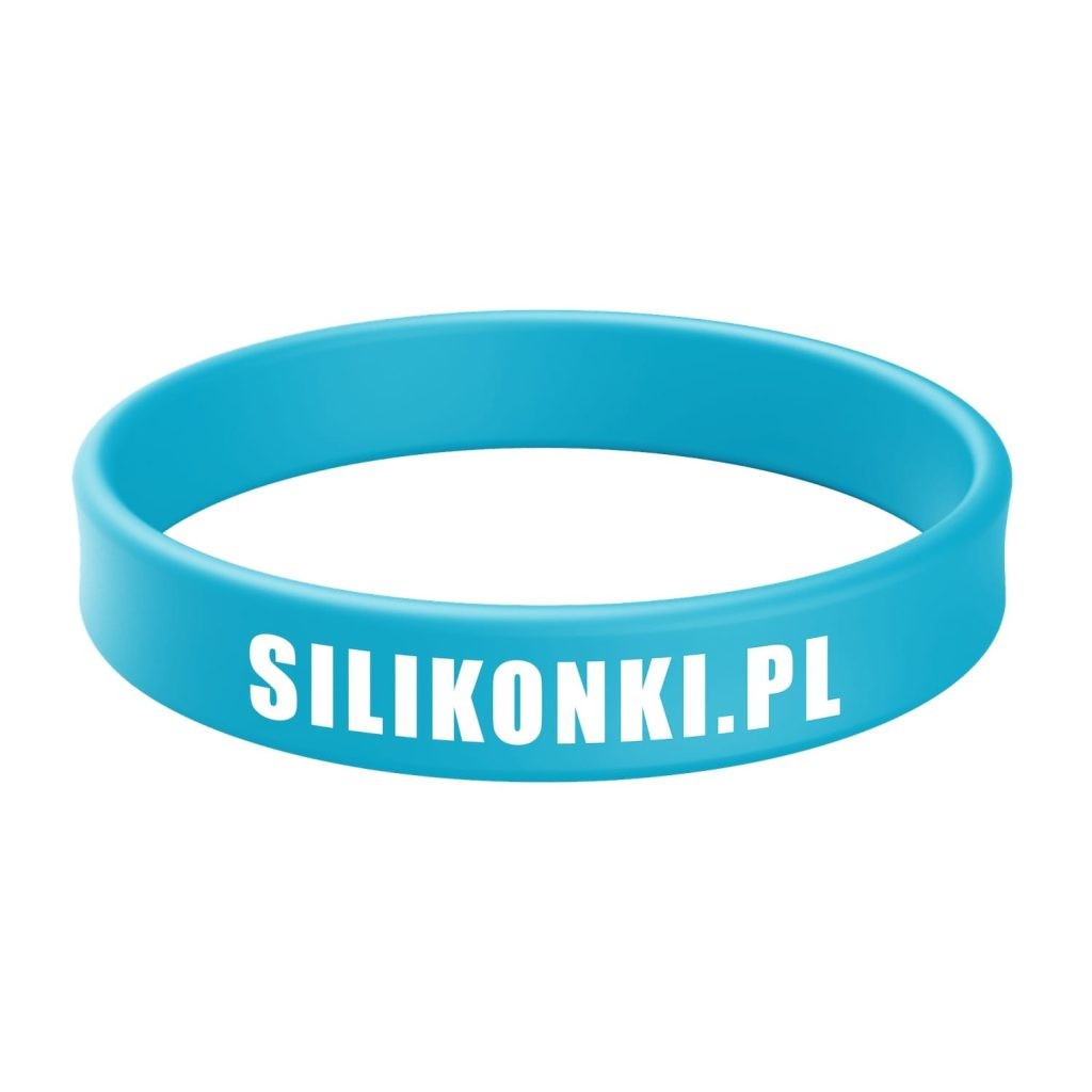 Niebieska opaska silikonowa z białym nadrukiem